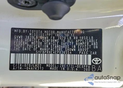 2014 Toyota Corolla Eco z USA, uszkodzony, nr VIN 5YFBPRHE4EP036554